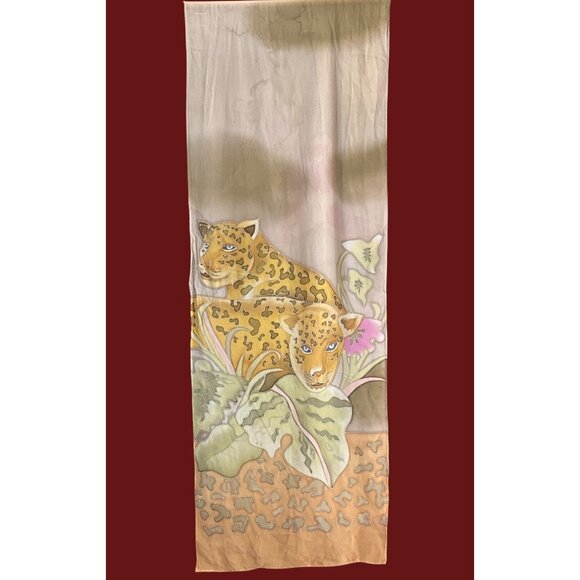 Vintage Carol Patterson Silk Scarf Jungle Leopard Print Hand Painted Boho - Picture 1 of 4